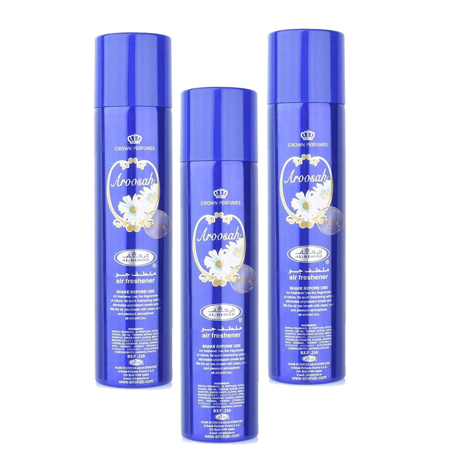 3x300ml Aroosah Air Freshener spray Room Spray Al Rehab Scent Perfume