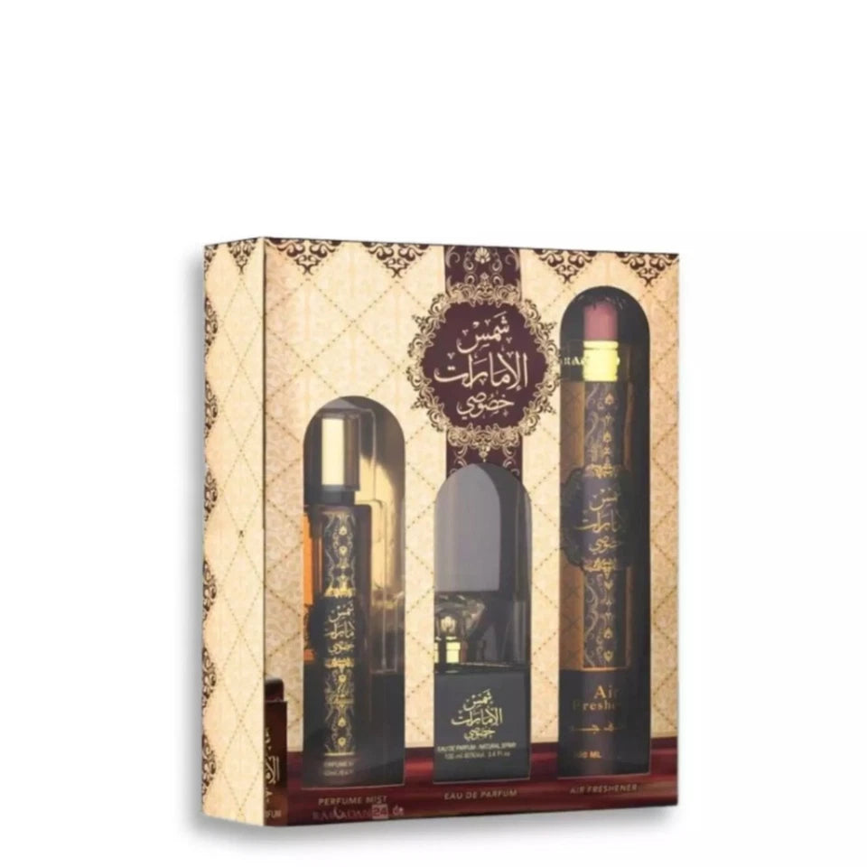 Shams Al Emarat Khususi Gift Set | Mist 250ml, EDP 100ml, Air Freshener 300ml