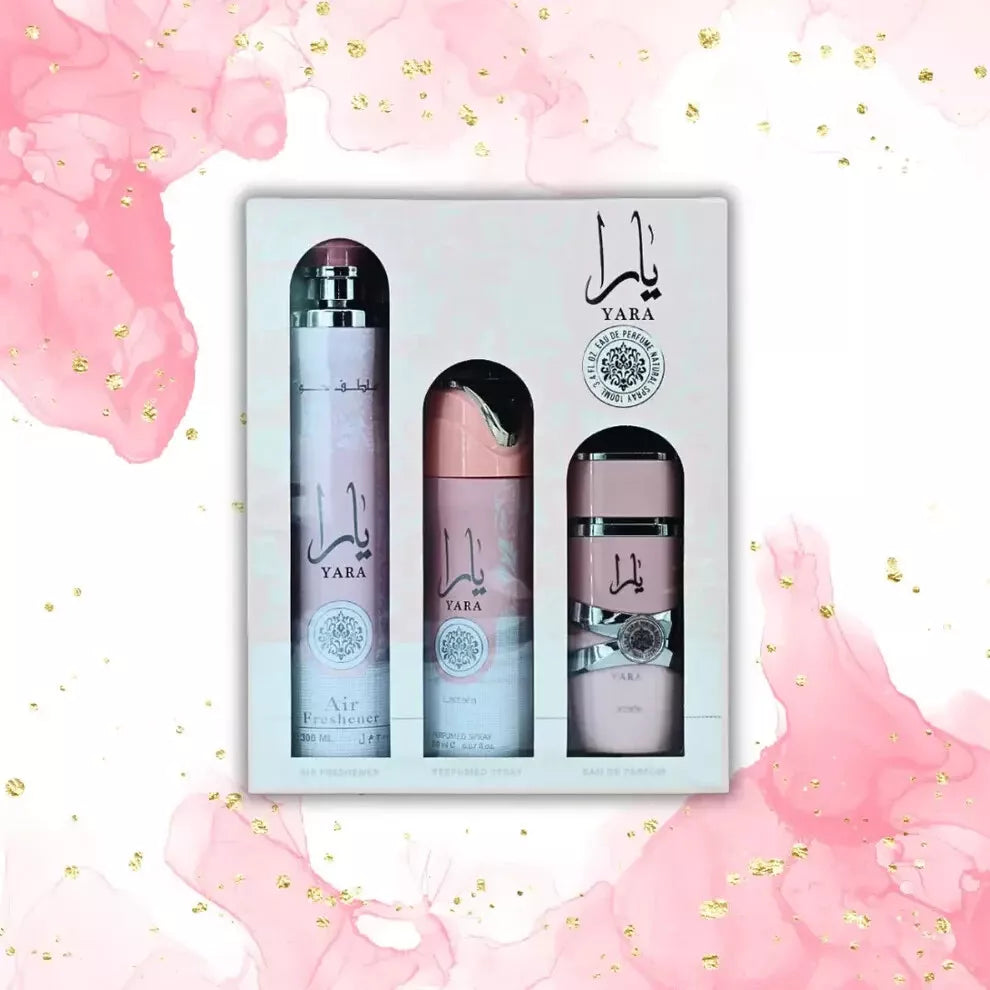 Yara | Gift Set | 100ml EDP | 50ml Hair Spray | 200ml Air Freshener | Lattafa